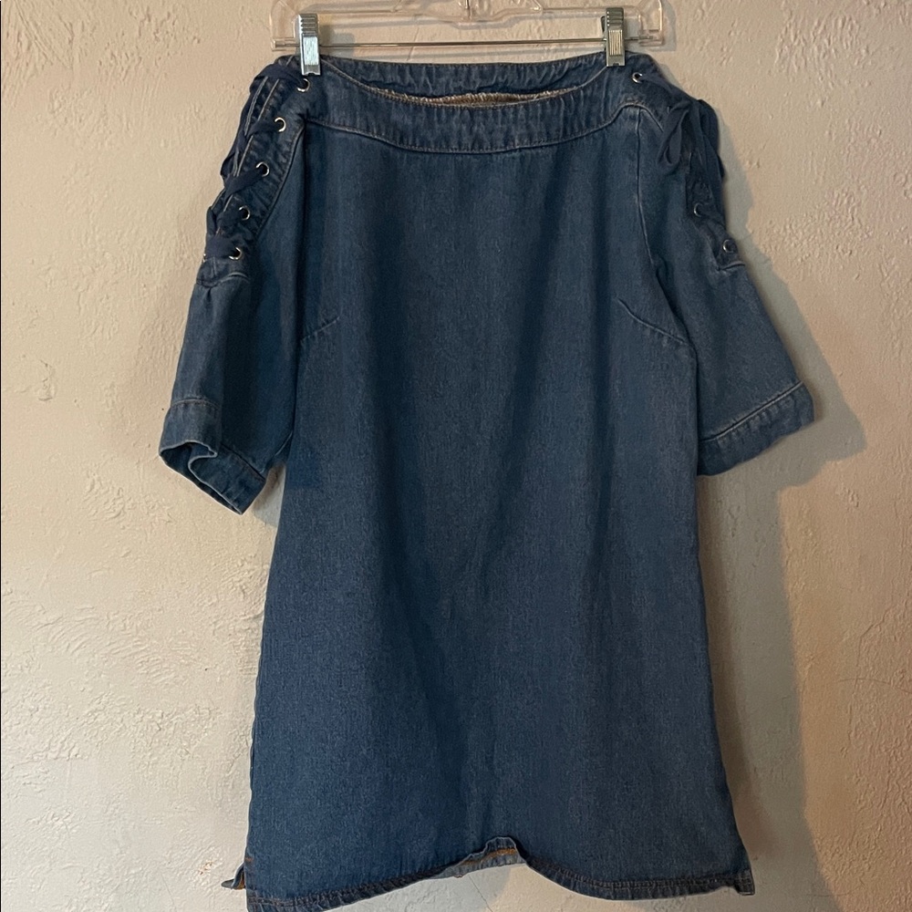 Maeve Anthropologie Denim Lace Up Open Shoulder Shift Dress - Picture 2 of 7